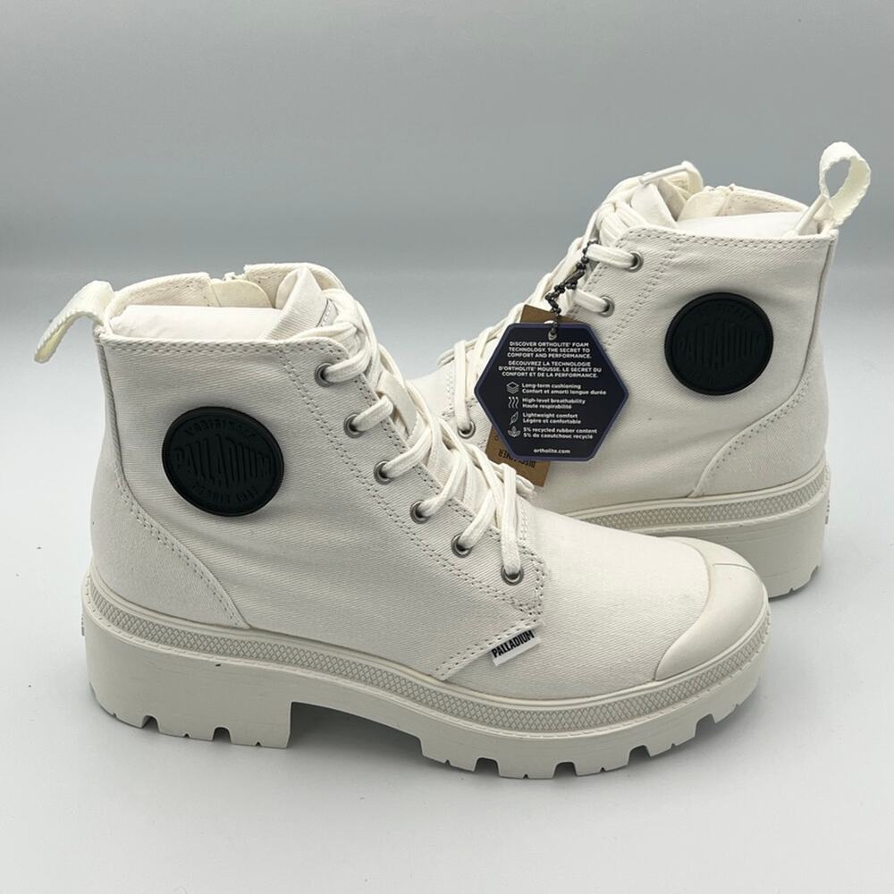 New In Box Palladium Pallabase Twill Women's Boots in Star White Size 7.5